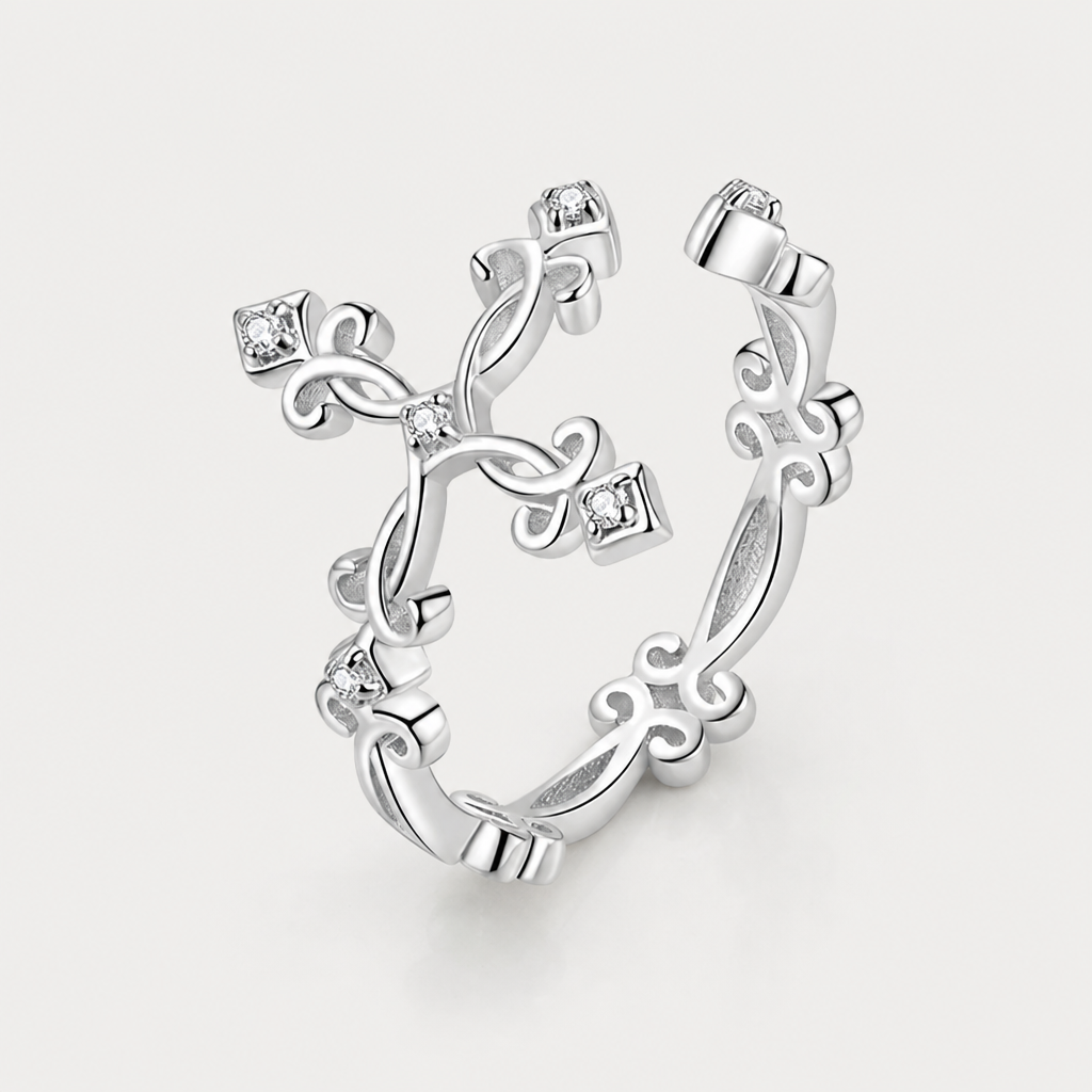 Anel ajustável em prata 925 com design de rosa, folha e girassol, adornado com zircónias brilhantes.